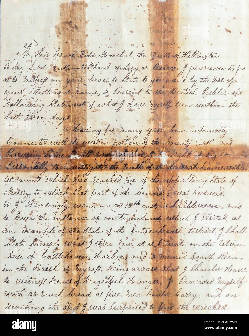 Lettera sulla carestia di Skibbereen che evidenzia il numero di morti per carestia scritte nel 1846 da un magistrato di Cork al duca di Wellington. Foto Stock