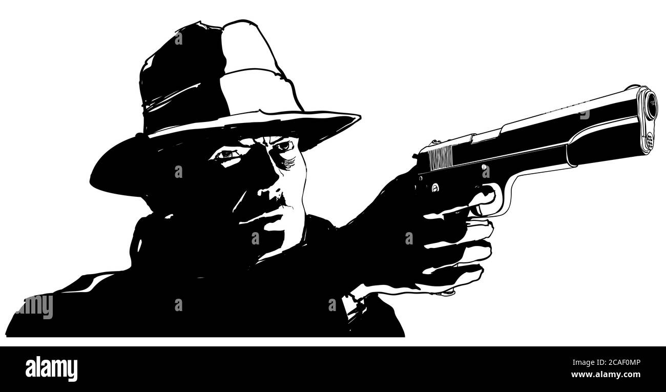Gangster con una pistola nello stile di 1950 film in bianco e nero - illustrazione vettoriale (ideale per la stampa su tessuto o carta, poster o carta da parati, hous Illustrazione Vettoriale