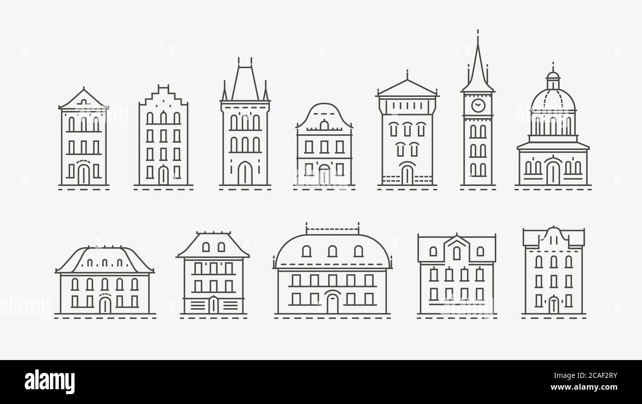 Set di icone edifici, simbolo. Architettura, concetto di città Illustrazione Vettoriale