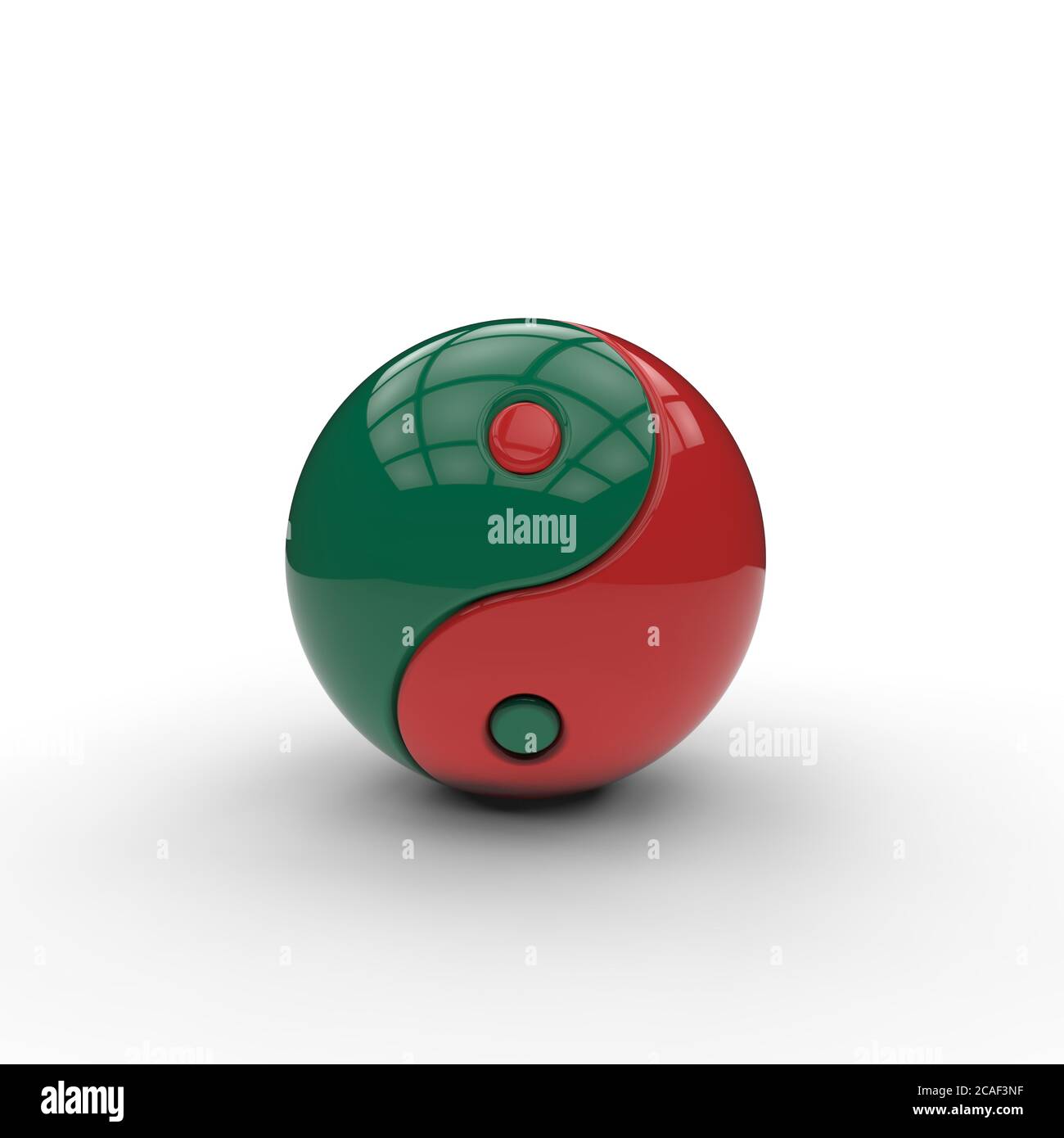 Simbolo yin yang 3D con colori complementari verde e rosso su sfondo bianco a simboleggiare un ciclo opposto ma interconnesso che si auto-perpetua Foto Stock