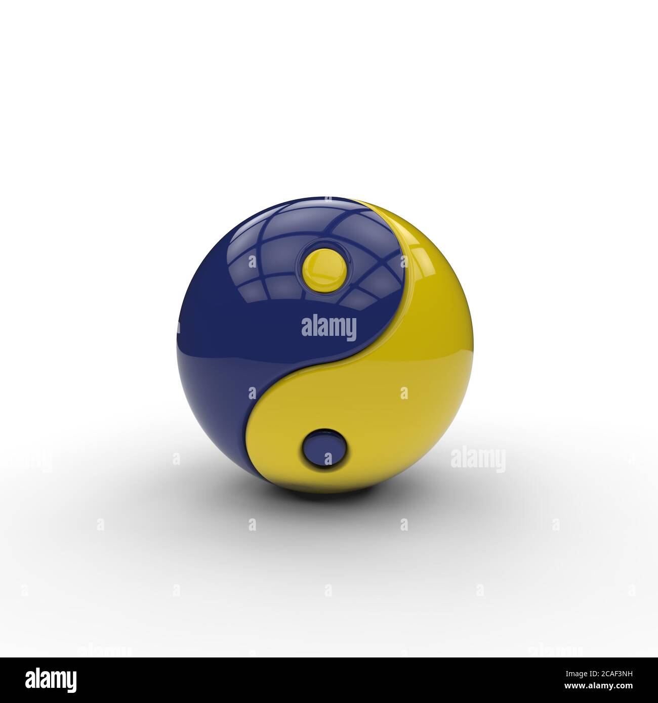 Simbolo yin yang 3D con colori complementari giallo e blu su sfondo bianco a simboleggiare un ciclo opposto ma interconnesso che si auto-perpetua Foto Stock