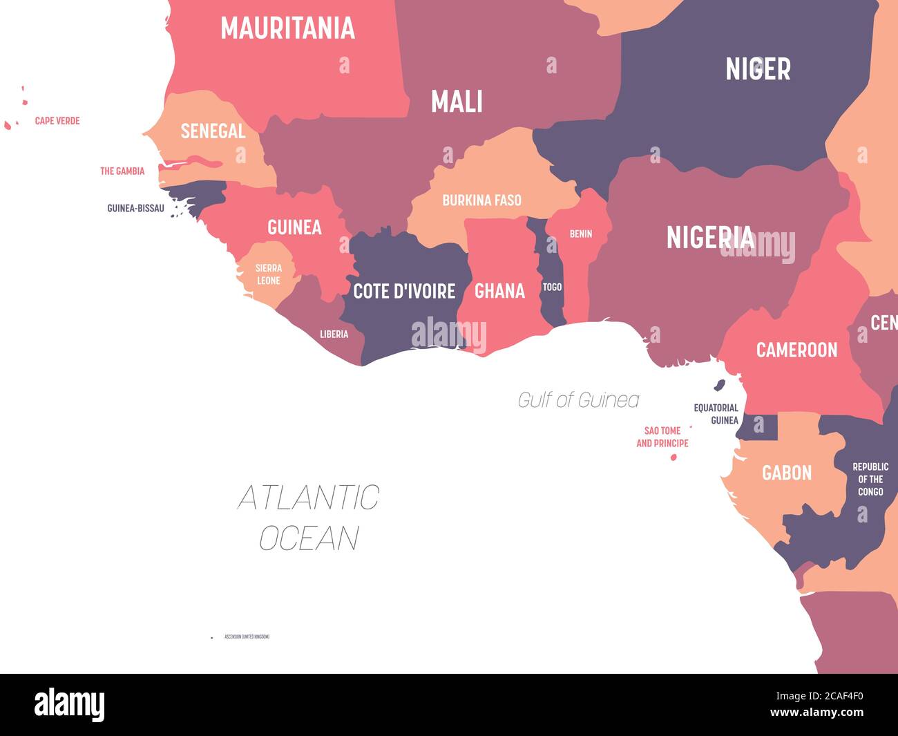 Mappa dell'Africa occidentale. Mappa politica dettagliata della regione dell'africa occidentale e della Baia della Guinea con etichettatura dei nomi di paesi, oceani e mari. Illustrazione Vettoriale