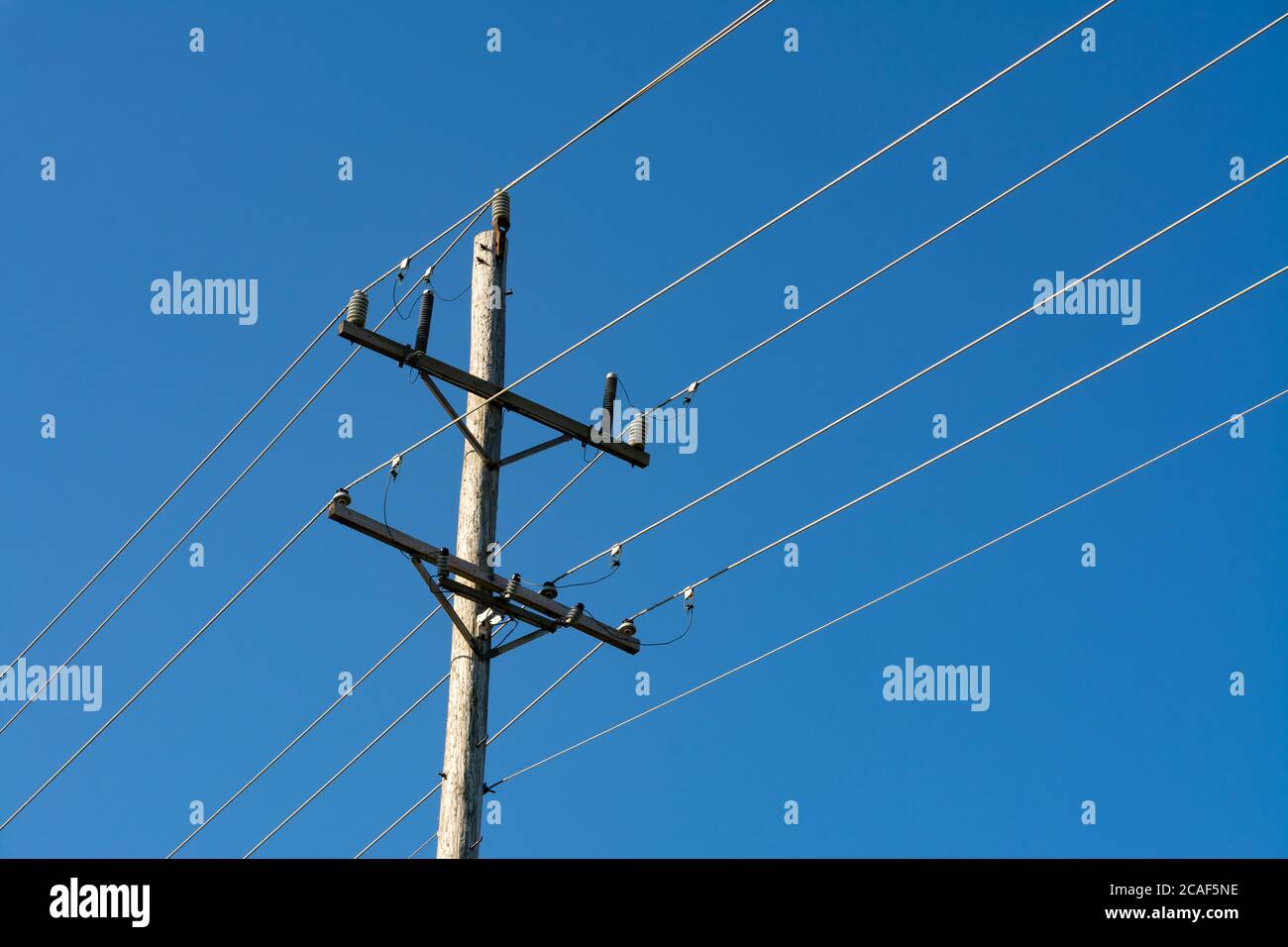 Palo telefonico in legno e linee elettriche con sfondo blu del cielo. Foto Stock