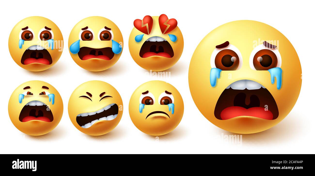 Emoji smiley piangendo in lacrime insieme vettoriale. Emoji piangendo faccia in piangere, triste, rotto cuore e dolore espressione facciale per drammatica collezione di emoticon Illustrazione Vettoriale