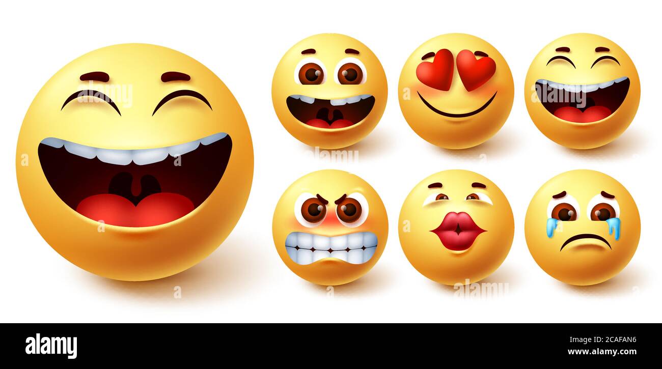 Set vettore giallo emoji smileys. Emoticon smiley giallo cute volti in felice, carino, innamorati, ridendo, piangendo e arrabbiato emozione facciale per l'icona emoji Illustrazione Vettoriale