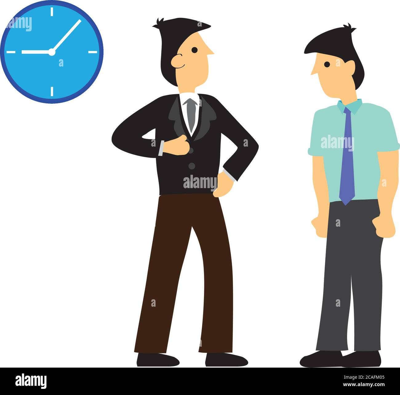 Il capo arrabbiato si lamenta del suo dipendente per essere venuto in ritardo al lavoro. Concetto di puntualità o prestazioni dei dipendenti. Illustrazione vettoriale. Illustrazione Vettoriale
