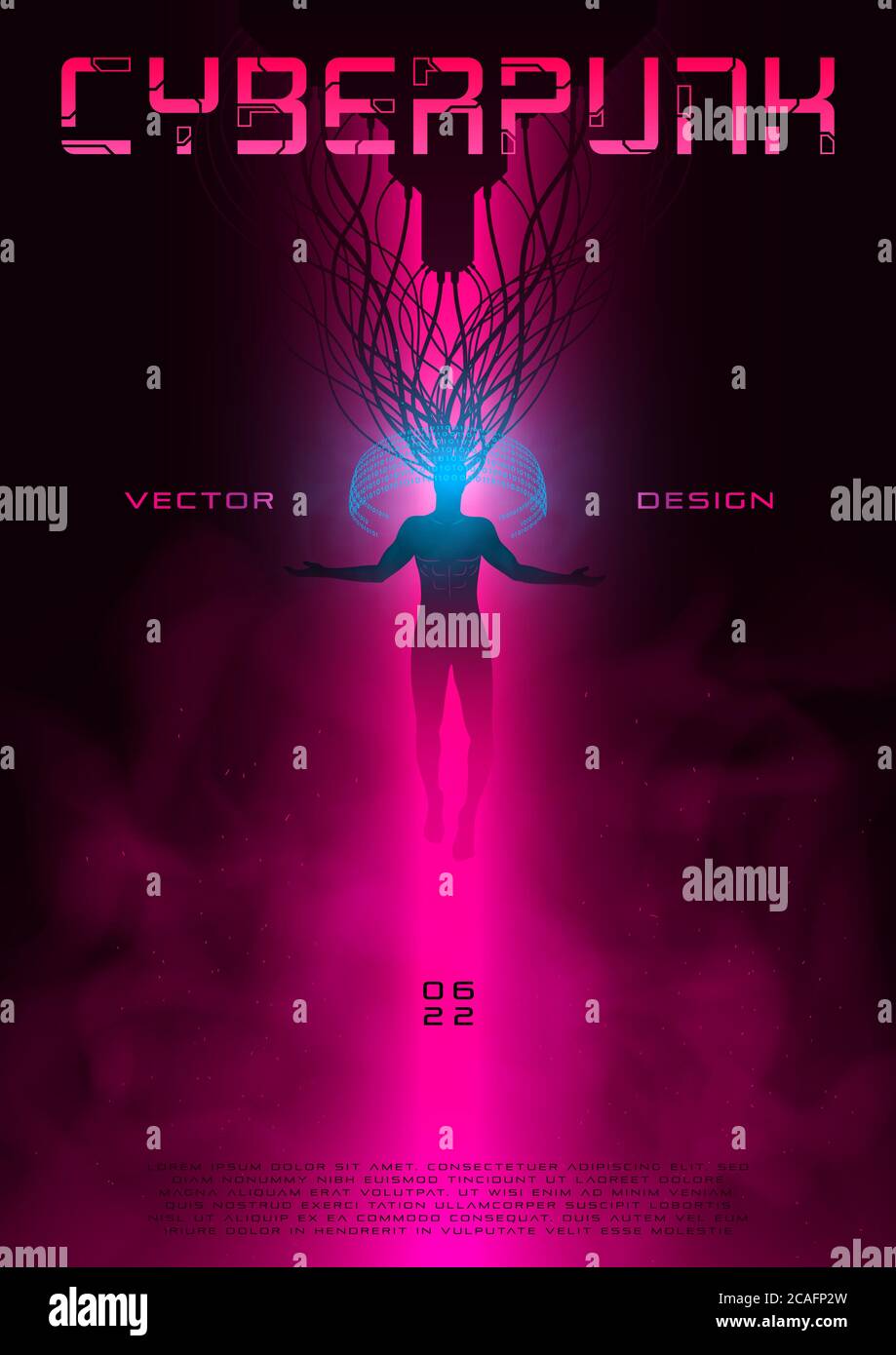 Poster futuristico cyberpunk con un uomo in aumento connesso alla realtà virtuale. Synthwave layout vivace per eventi musicali. Concetto fantascientifico. Design per volantino Illustrazione Vettoriale