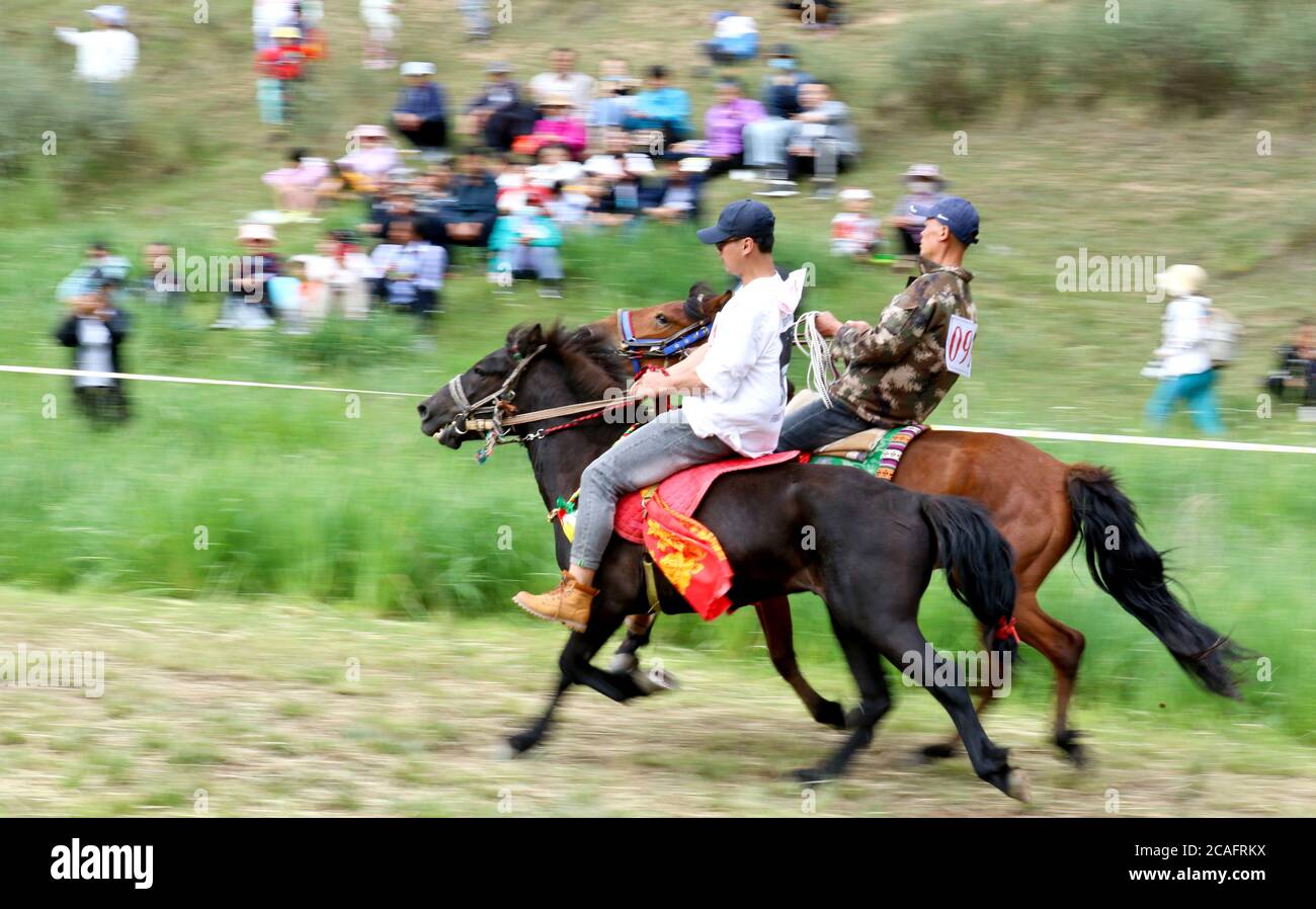 Zhangye, Zhangye, Cina. 7 agosto 2020. GansuÃ¯Â¼Å CINA-herders e cavalieri galoppo sulla prateria in Horseshoe Tibetan Township nella contea autonoma di Sunan Yugur di Zhangye City, nella provincia di Gansu della Cina nord-occidentale, 4 agosto 2020. Più di 3,000 turisti da Qinghai, Xinjiang e contee e città vicine sono attratti per vedere il project.on quel giorno, Più di 60 Riders dei gruppi etnici tibetani e Yugu hanno tenuto una corsa tradizionale sulle corse dei cavalli al Festival delle corse dei cavalli della città tibetana di Horseshoe nella contea autonoma di Sunan Yugu, nella città di Zhangye, nella provincia di Gansu. Si trova presso il Foto Stock