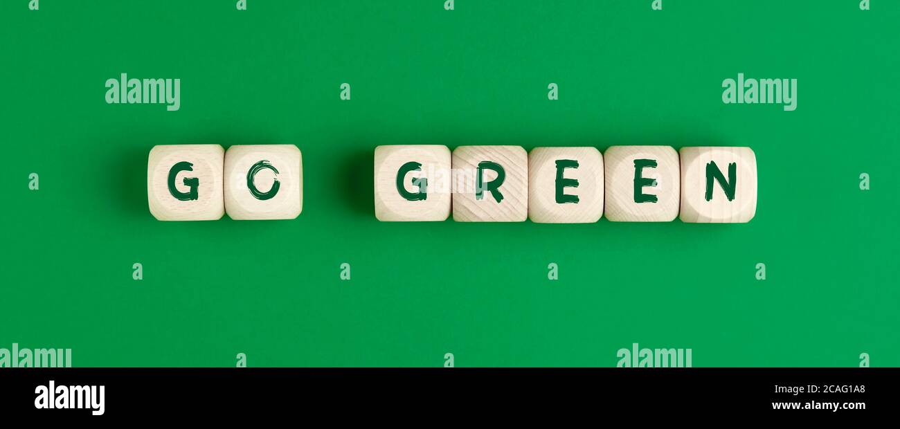 Protezione ambientale o concetto di conservazione. La parola va verde su cubi di legno su sfondo verde. Foto Stock