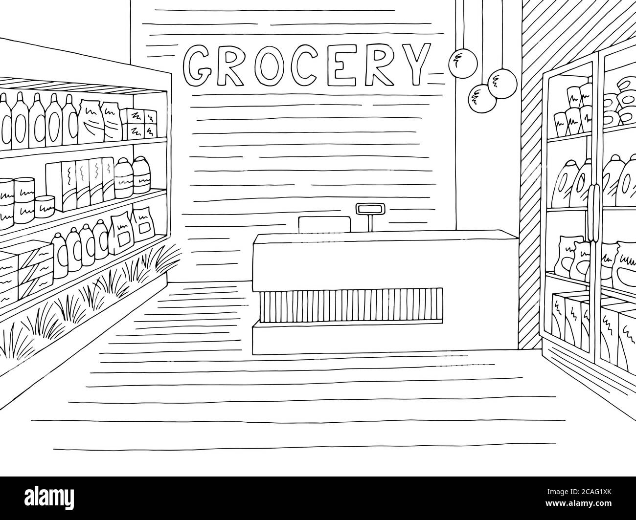 Negozio di alimentari interni nero bianco grafico disegno vettore illustrazione Illustrazione Vettoriale