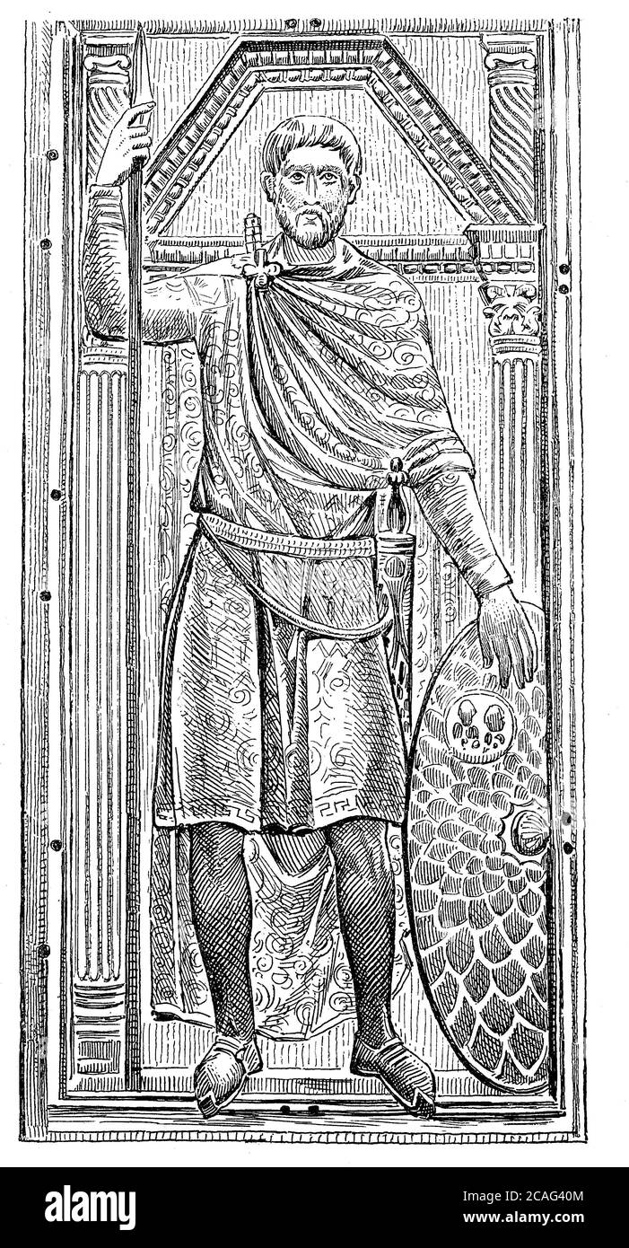 Flavius ??Aetius al 390 - 22 settembre 454, un comandante romano d'Occidente in capo e politico nel tardo antico periodo migratorio, ritratto in rilievo del diptych avorio contemporaneo nel Tesoro della Cattedrale a Monza / Flavio Aëtius, um 390 - 22. Settembre 454, ein westroemischer Heermeister und Politiker in der spaetantiken Voelkerwanderungszeit, Relief Ritratto von der zeitgenoessischen Elfenbein Diptychon in der Domschatzkammer nach Monza, Historisch, riproduzione storica, digitale migliorata di un originale del XIX secolo / digitale Rprodukaliner 19. Jahrhund Foto Stock
