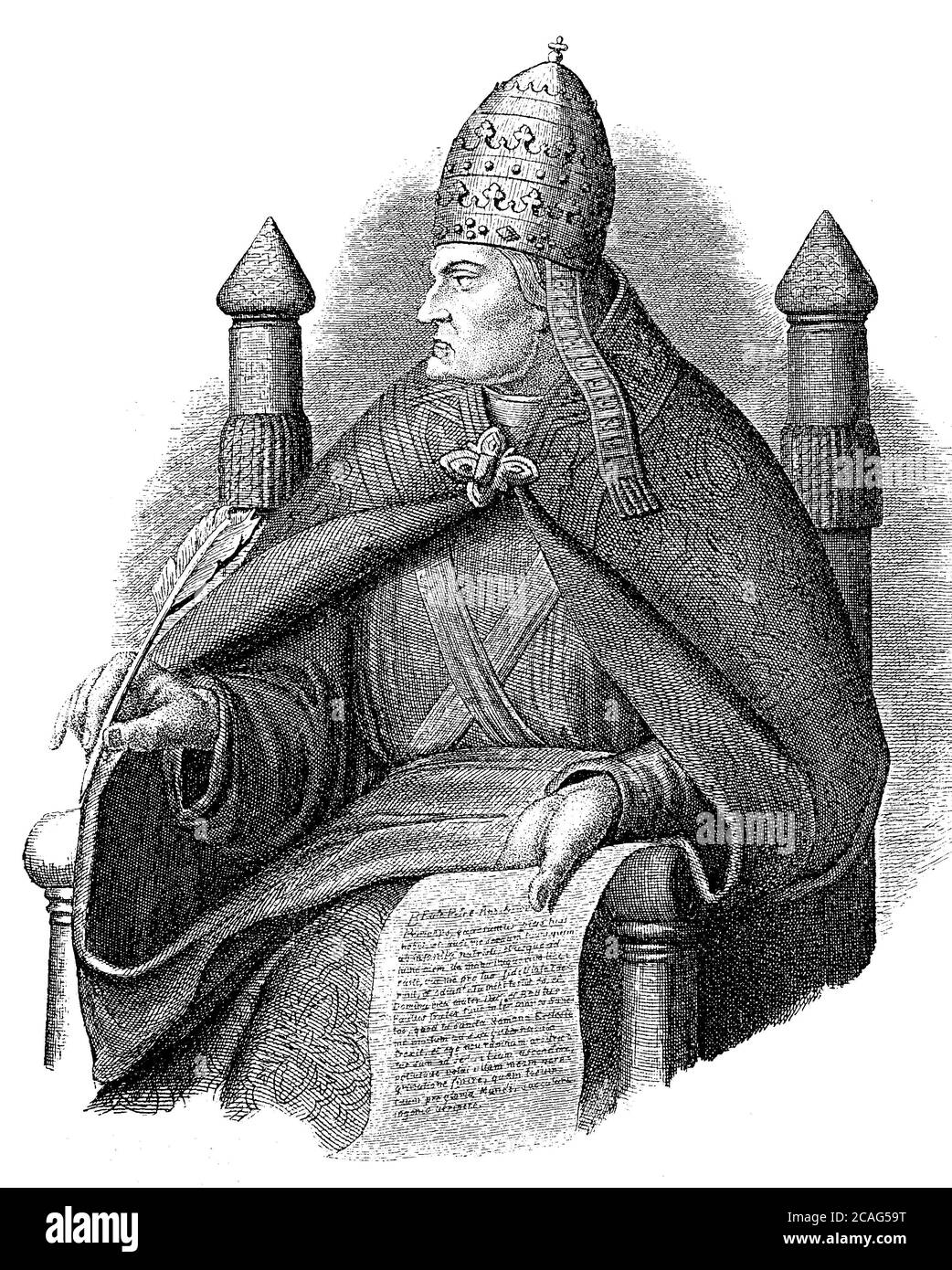 . Gregorio VII, originariamente Hildebrand di Soana, 1025 e 1030 - 25 maggio 1085, fu il 22 aprile 1073-1085 Papa, su disegno del pittore Karl Herrmann dal 1844 / Gregor VII, urspruenglich Hildebrand von Soana, 1025 e 1030 - 25. Maggio 1085, guerra vom 22. Aprile 1073 bis 1085 Papst, nach einem Entwurf von Maler Karl Herrmann aus 1844, Historisch, storico, digitale riproduzione migliorata di un originale del 19 ° secolo / digitale Reproduktion einer Originalvollage aus dem 19. Jahrhundert, Foto Stock