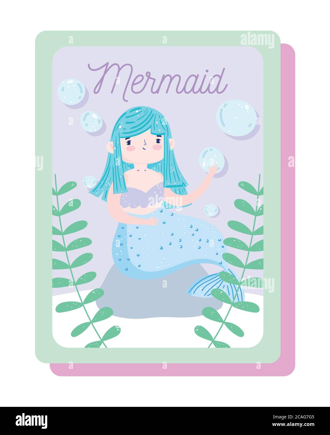 carino piccola sirena seduta sulla roccia con alghe e bolle cartoni animati illustrazione vettore Illustrazione Vettoriale