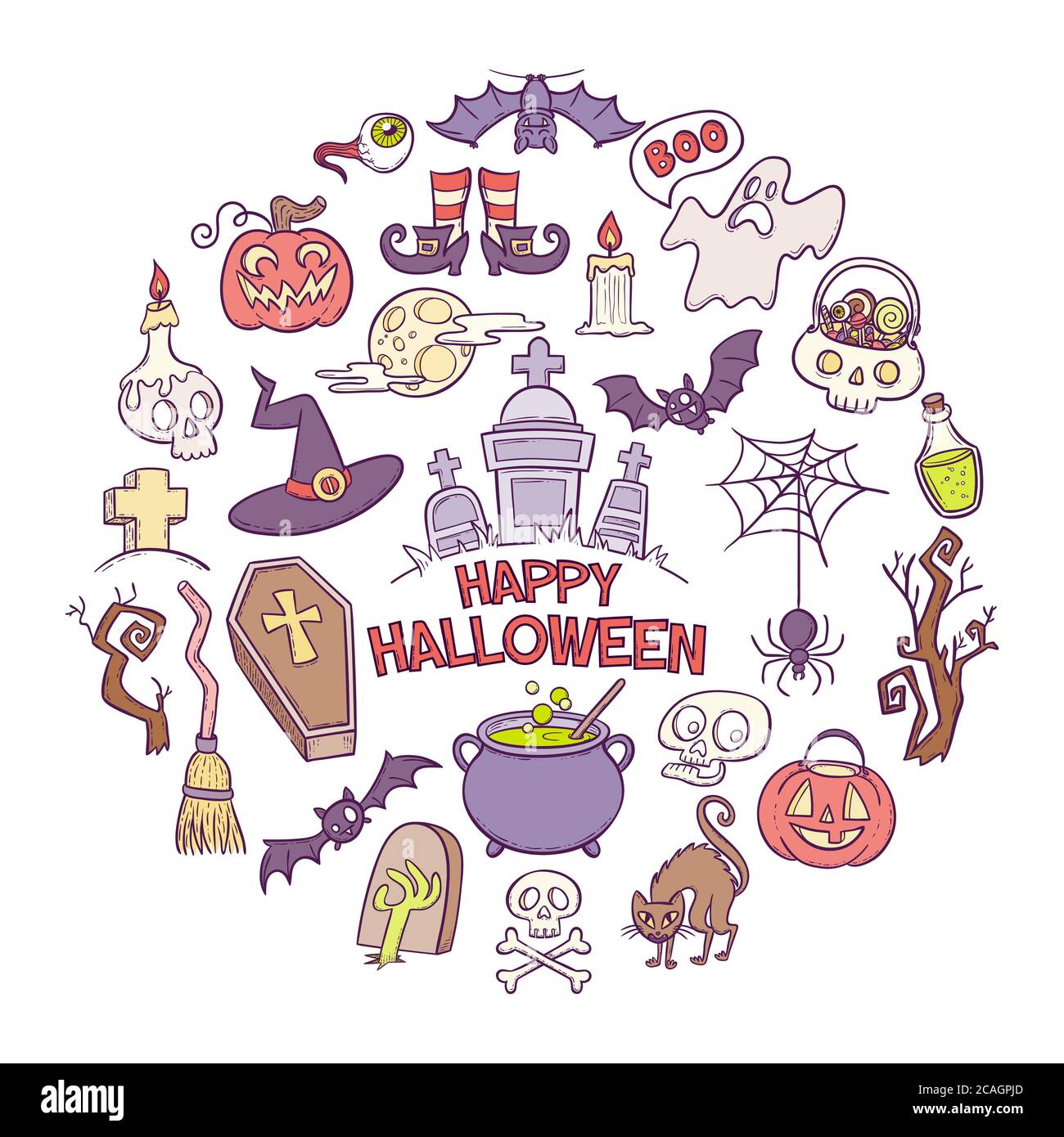 Collezione di elementi cartoni animati di Halloween. Sfondo carino con elementi disegnati a mano cartone animato della celebrazione di Halloween. Illustrazione vettoriale isolata su whit Illustrazione Vettoriale