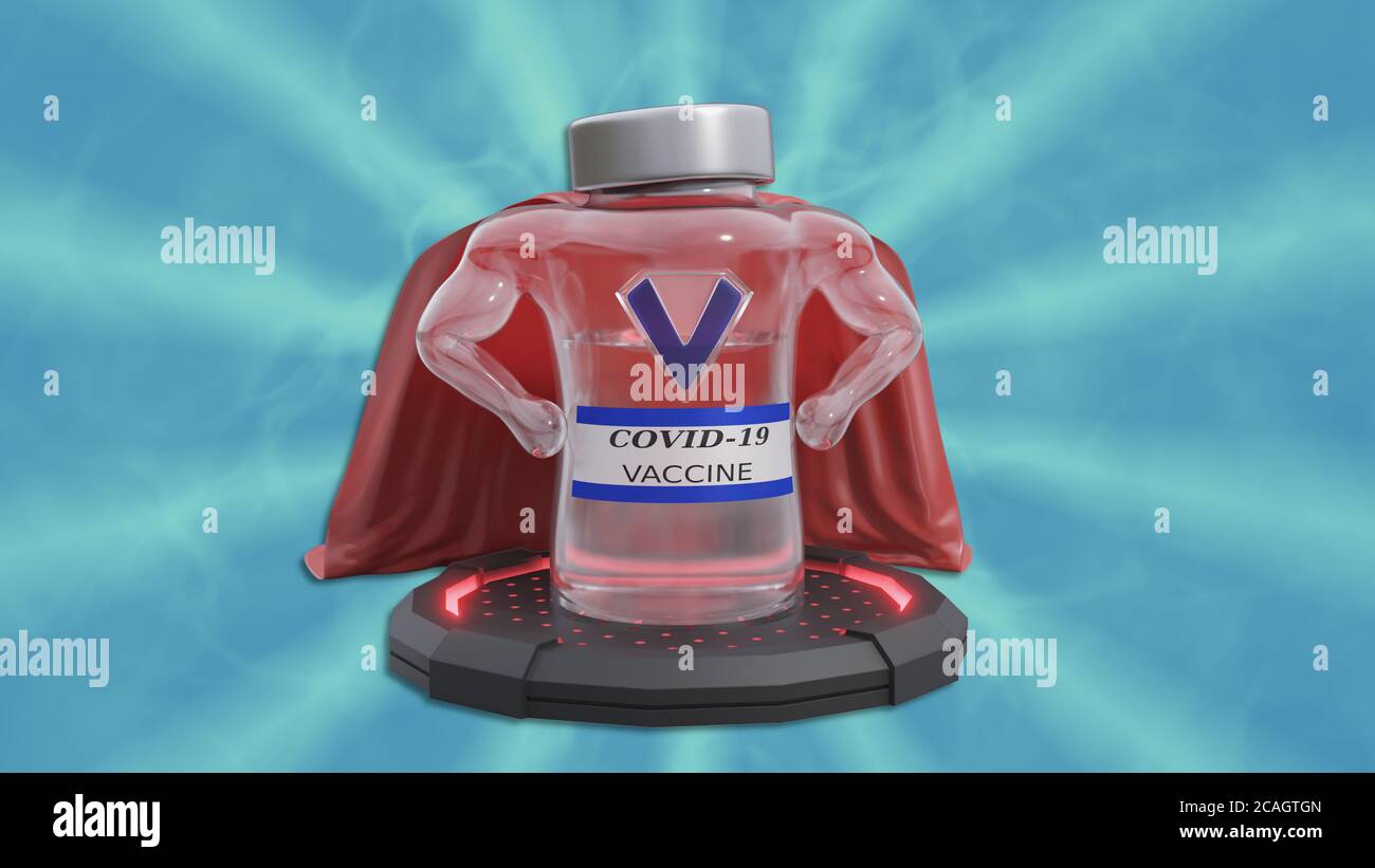 Vaccino COVID-19 Superhero. Una rappresentazione artistica che esprime speranze per la rapida comparsa di un vaccino per combattere il coronavirus. Foto Stock
