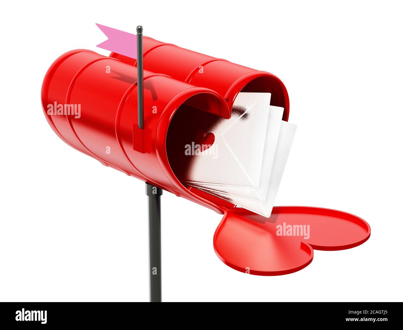 Aprire la casella di posta a forma di cuore piena di lettere d'amore. Illustrazione 3D. Foto Stock