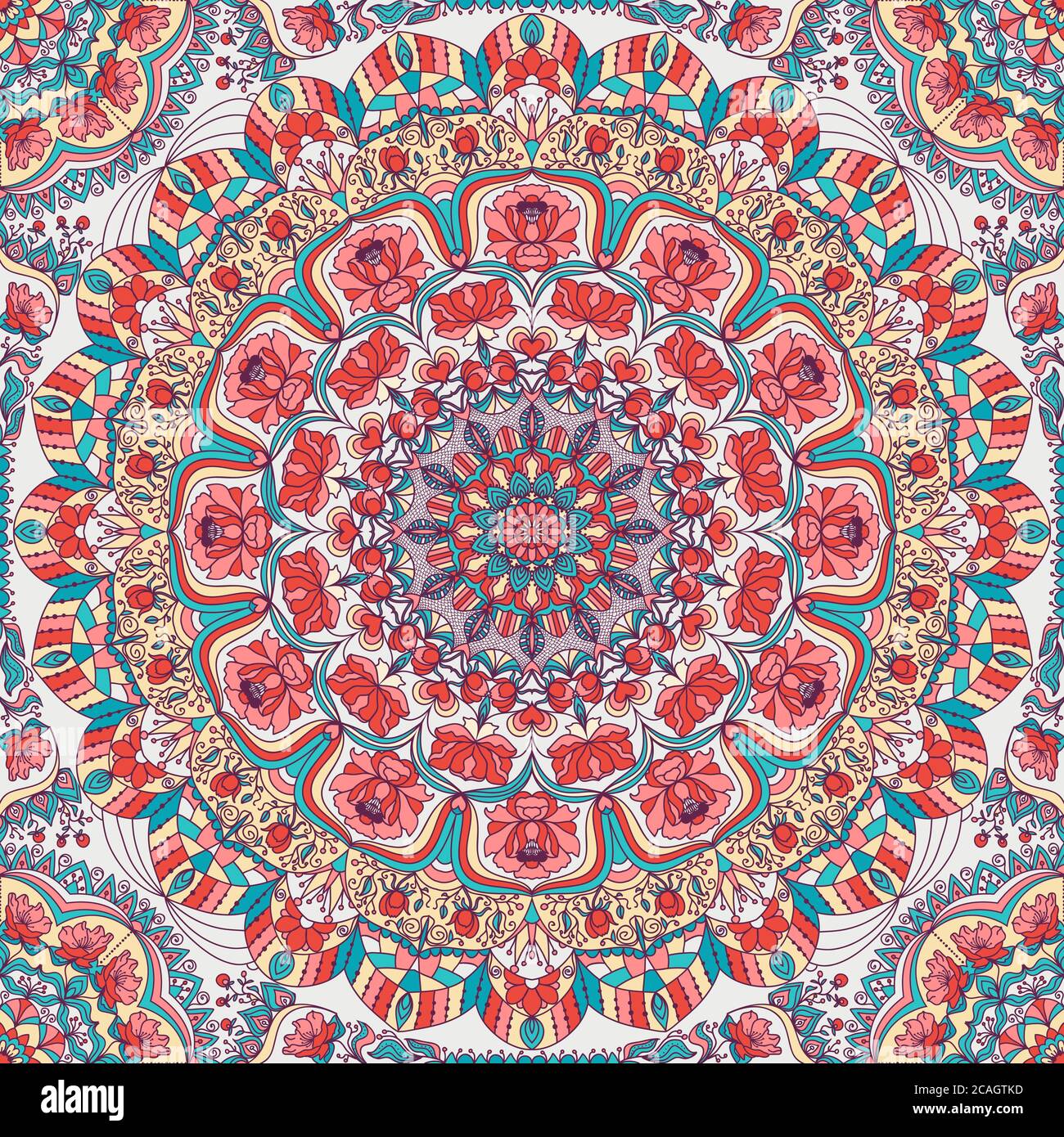 Motivo floreale colorato senza cuciture disegnato a mano con mandala. Ornamento circolare in colori retrò. Tradizionale motivo orientale. Foto Stock