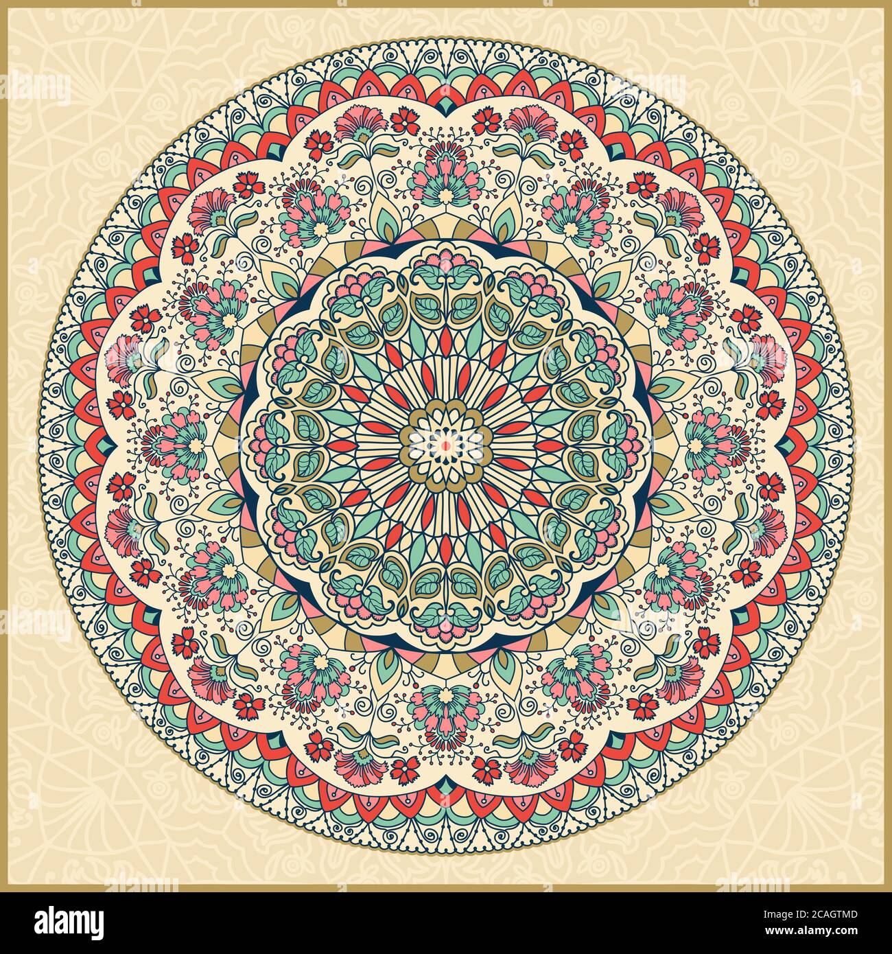 Motivo floreale colorato senza cuciture disegnato a mano con mandala. Ornamento circolare in colori retrò. Tradizionale motivo orientale. Foto Stock
