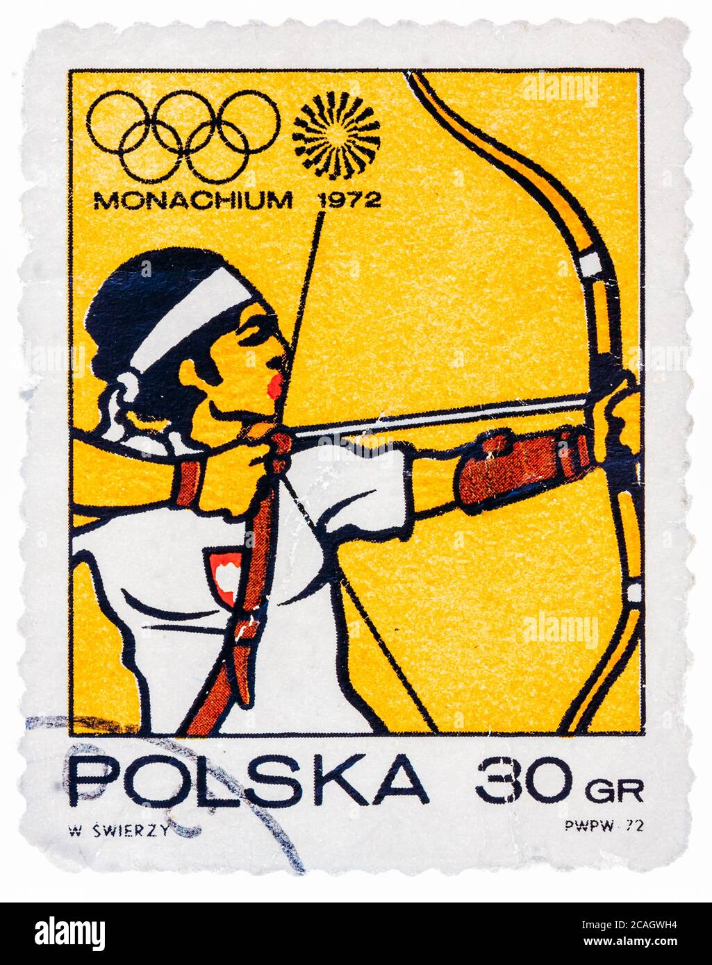 Il francobollo stampato in POLONIA mostra i Giochi Olimpici con tiro con l'arco di destinazione a Monaco Foto Stock