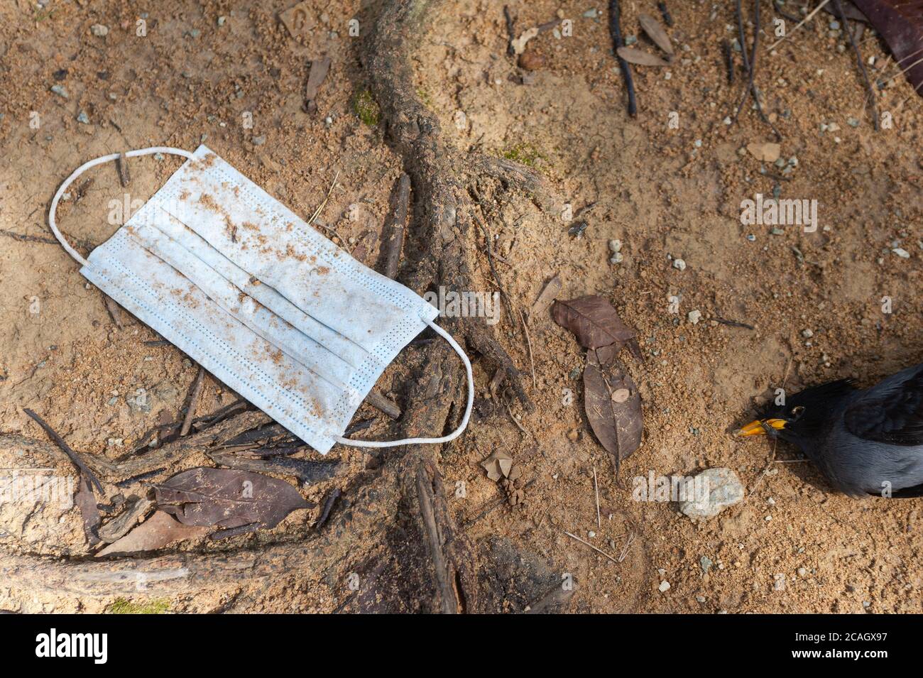 02.07.2020, Singapore, , Singapore - UN boccaglio scartato e usato per proteggere contro l'infezione con Covid-19 (Coronavirus) si trova sul terreno in Th Foto Stock