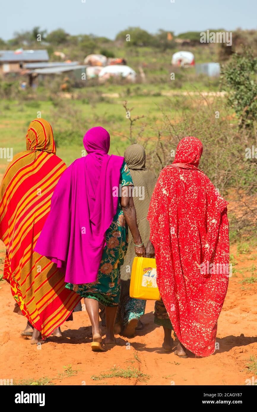 13.11.2019, Gabradahidan, Regione somala, Etiopia - due donne trasportano un tanica gialla dell'acqua riempita di acqua potabile al villaggio. Motore idraulico Foto Stock