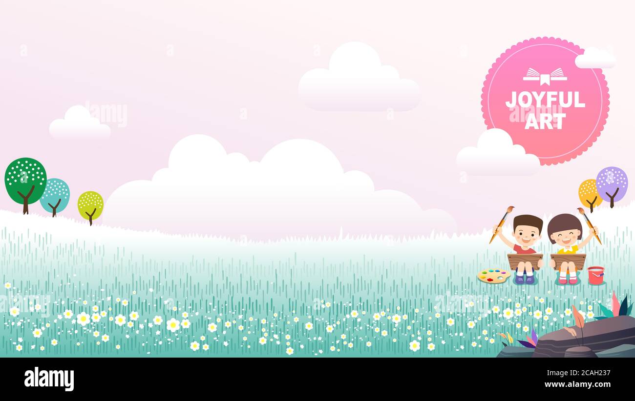 Educazione artistica per bambini, simpatico dipinto per bambini nel parco. Natura sfondo paesaggio, illustrazione vettoriale. Illustrazione Vettoriale