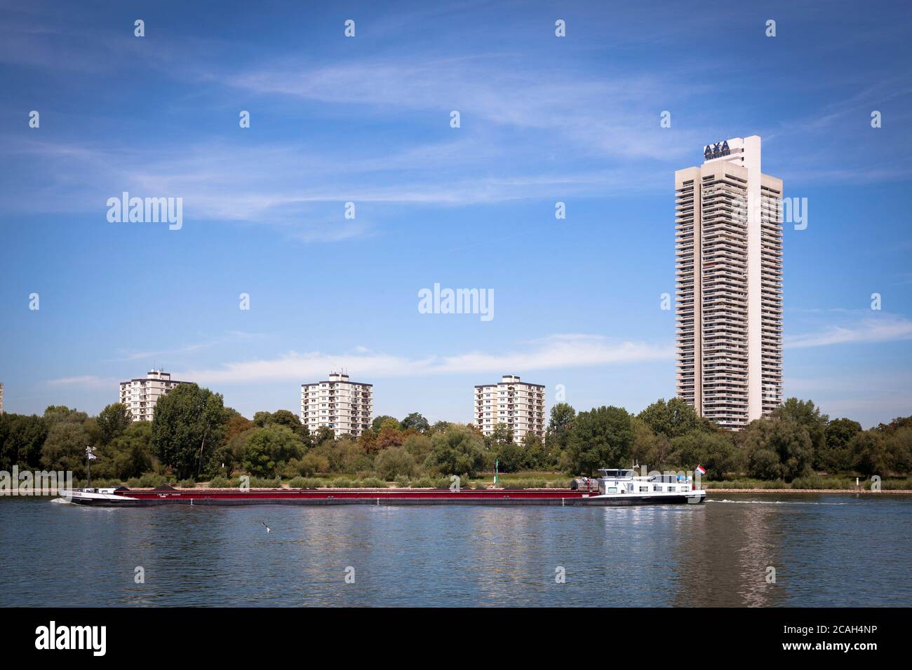 Il grattacielo Colonia-House nel distretto Riehl, fiume Reno, nave da carico, Colonia, Germania, das Colonia-Haus im Stadtteil Riehl, Rhein, Frachtsc Foto Stock