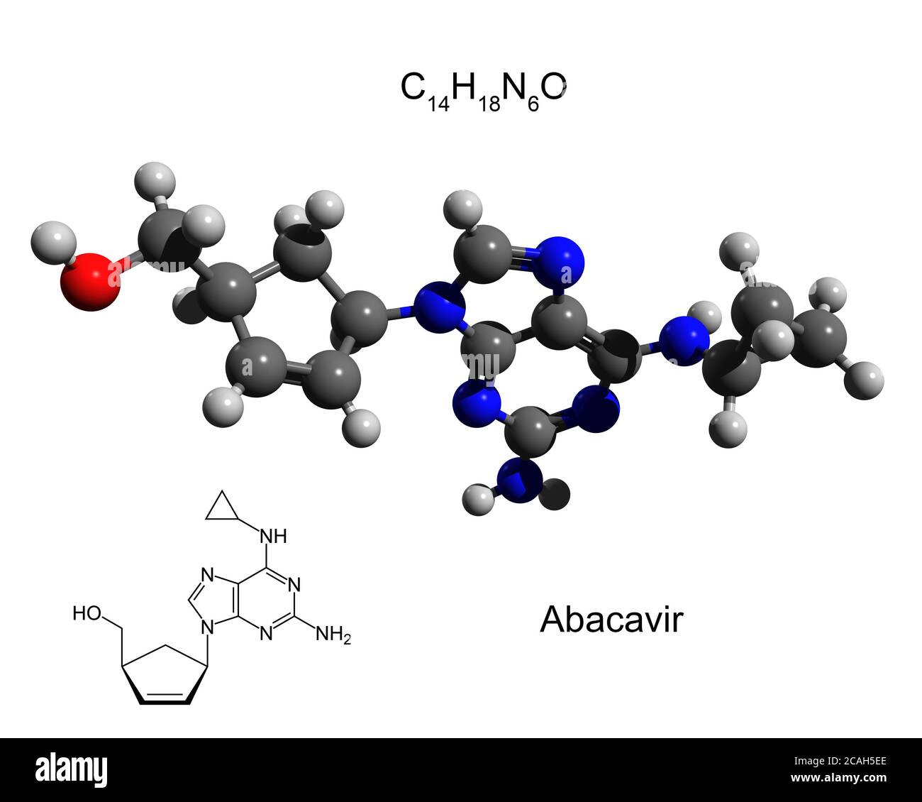 Formula chimica, formula strutturale e modello 3D di abacavir, un farmaco antiretrovirale usato per prevenire e trattare l'HIV/AIDS Foto Stock