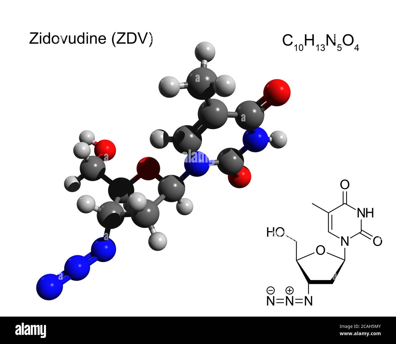 Formula chimica, formula strutturale e modello 3D di zidovudina (ZDV), noto anche come azidotimidina (AZT), un farmaco antiretrovirale Foto Stock