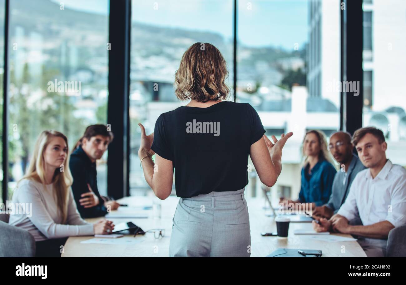 Vista posteriore di una donna che spiega nuove strategie ai colleghi durante una conferenza in ufficio. gli uomini d'affari si riuniscono nella sala del consiglio d'amministrazione per un nuovo Foto Stock