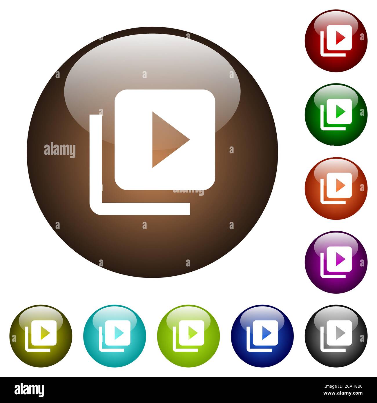 Libreria video icone bianche su pulsanti in vetro rotondi Illustrazione Vettoriale