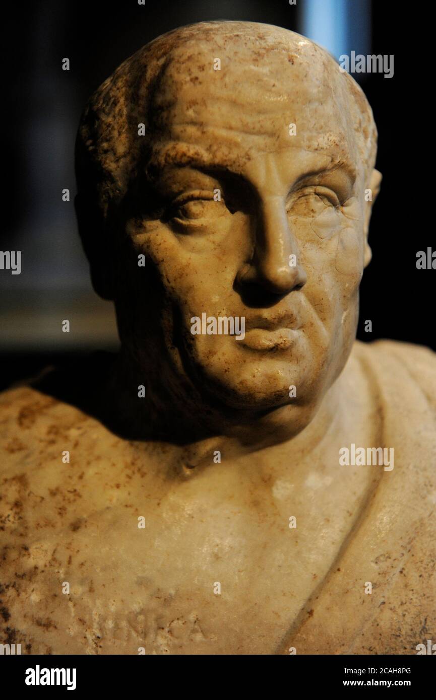 Lucius Annaeus Seneca (c.. 4 BC-65 D.C.). Filosofo stoico romano. Particolare del doppio Erma di Socrate e Seneca. Antica statua romana della prima metà del III secolo d.C. Marmo. I ritratti sono accoppiati in doppio herm da più tardi copista romano. Neues Museum (nuovo museo). Berlino, Germania. Foto Stock