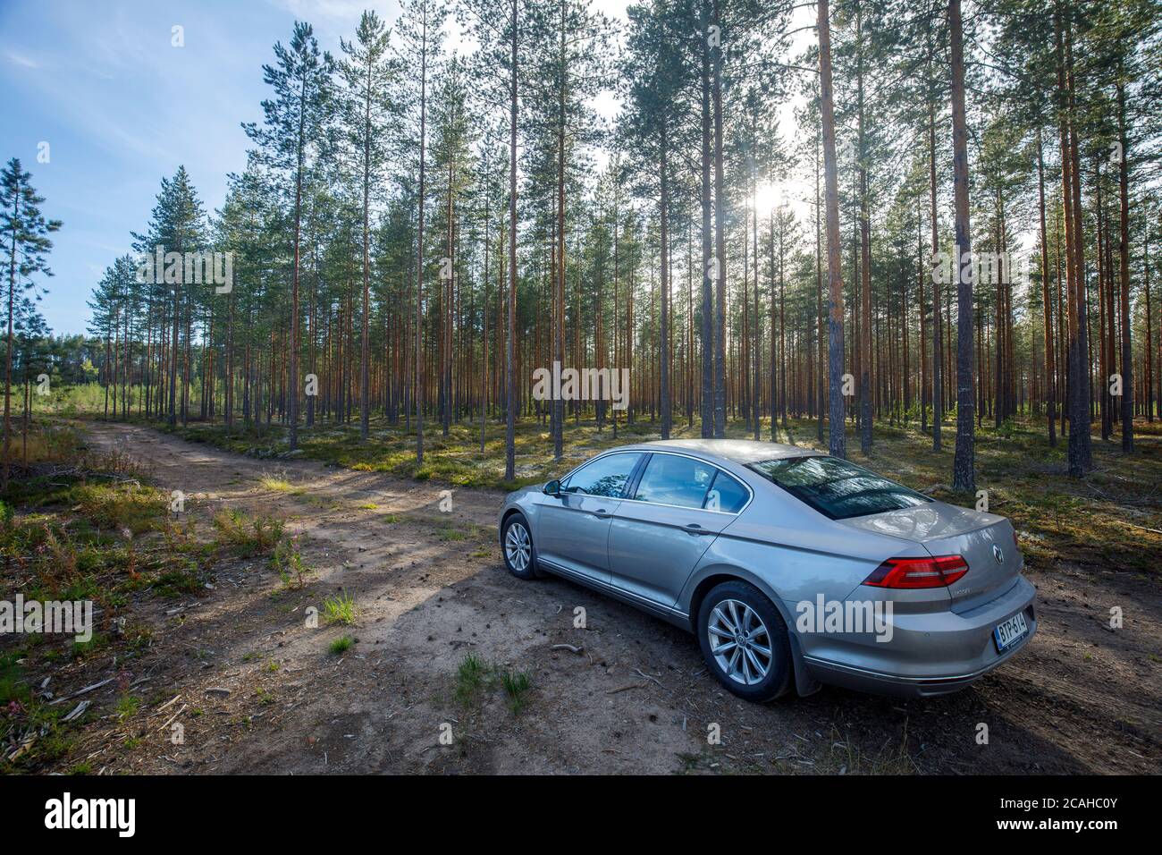 Volkswagen Passat 1.4 tsi Sedan 2015 modello parcheggiato a tagliando strada in pineta taiga foresta a Estate , Finlandia Foto Stock