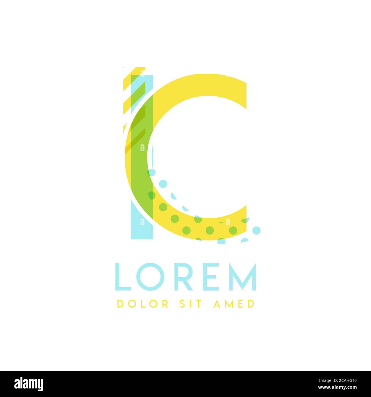 IC design naturale logo con colore giallo e blu oceano che può essere utilizzato per il business creativo e la pubblicità. Il logo ci è riempito con bolle e puntini Illustrazione Vettoriale