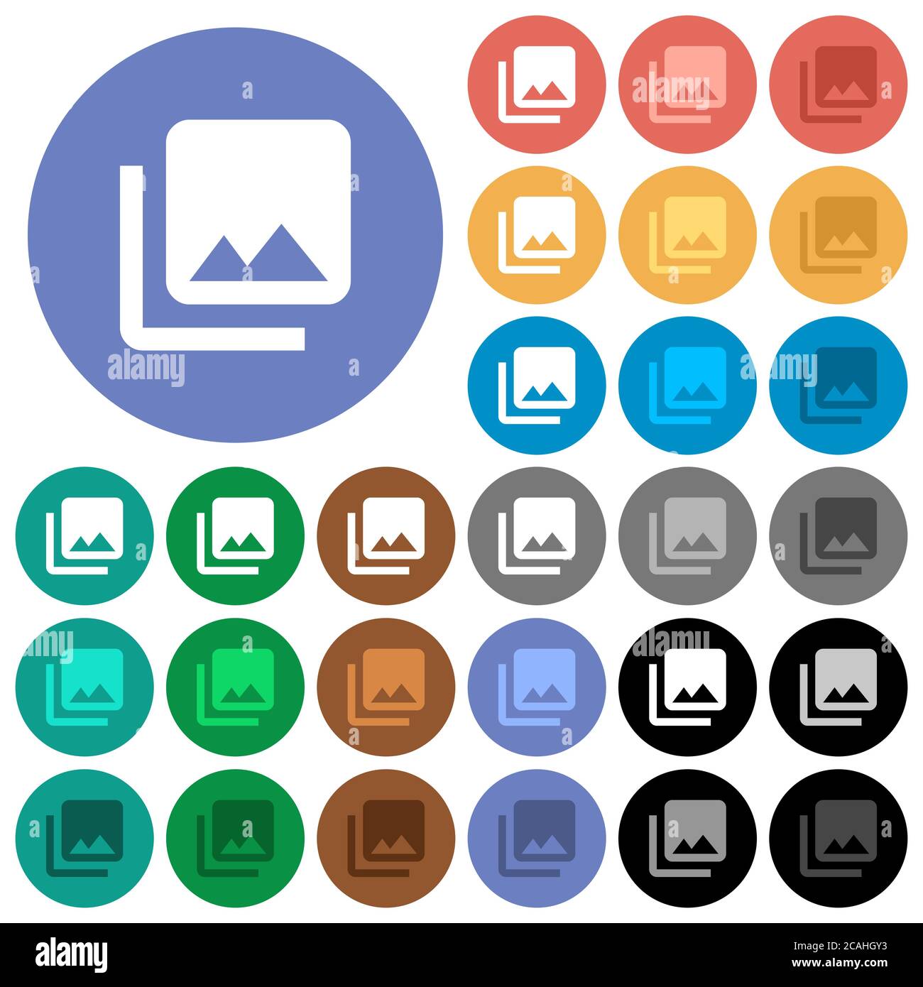 Libreria fotografica icone piatte multicolore su sfondi rotondi. Incluse variazioni delle icone bianche, chiare e scure per il passaggio del mouse e gli effetti di stato attivo e b Illustrazione Vettoriale