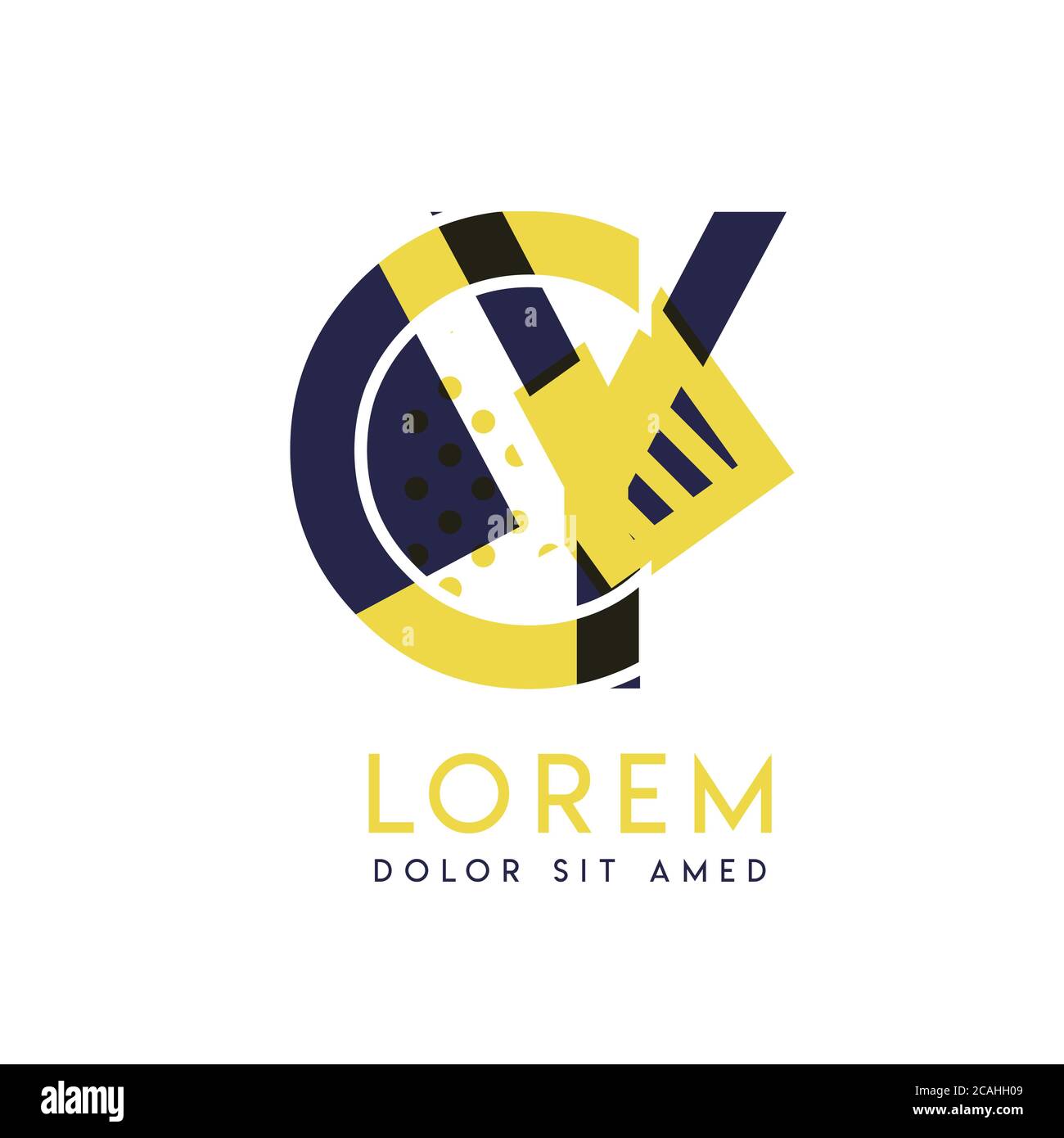 YC semplice logo design con colore giallo e viola che può essere utilizzato per il business creativo e la pubblicità. Il logo CY è pieno di bolle e punti, ca Illustrazione Vettoriale