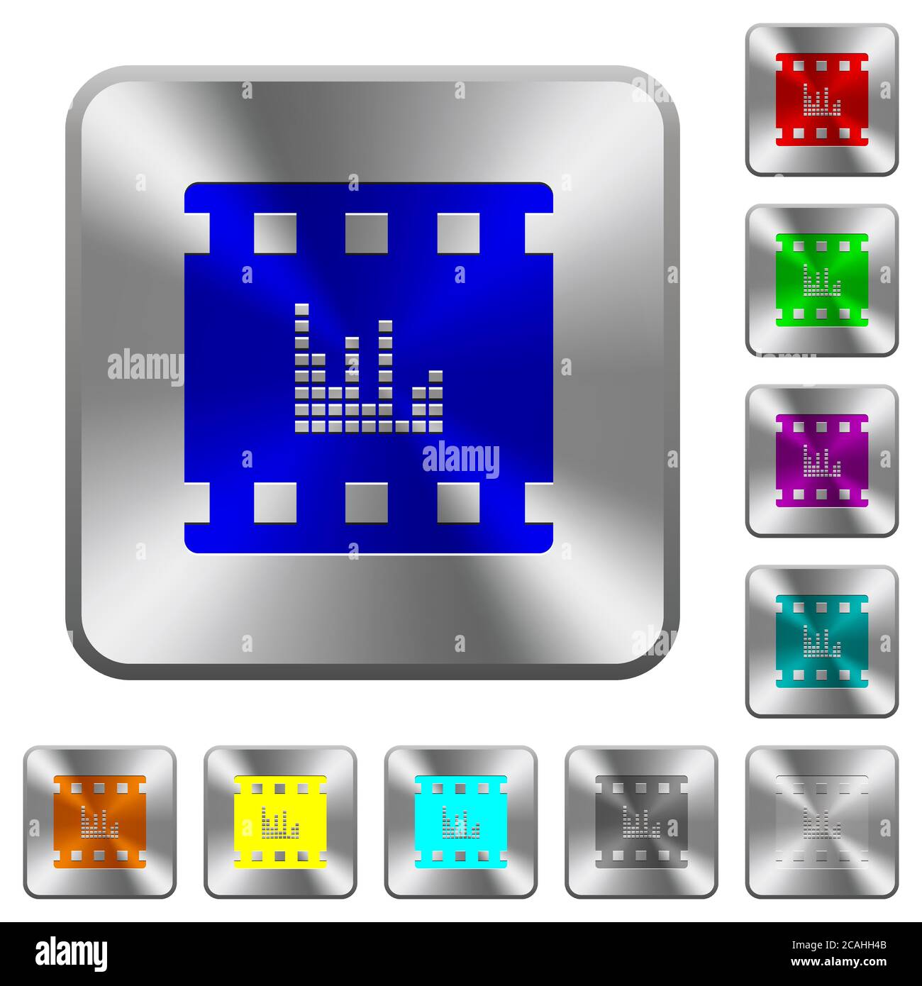 I suoni del film hanno inciso le icone sui bottoni arrotondati quadrati in acciaio lucido Illustrazione Vettoriale