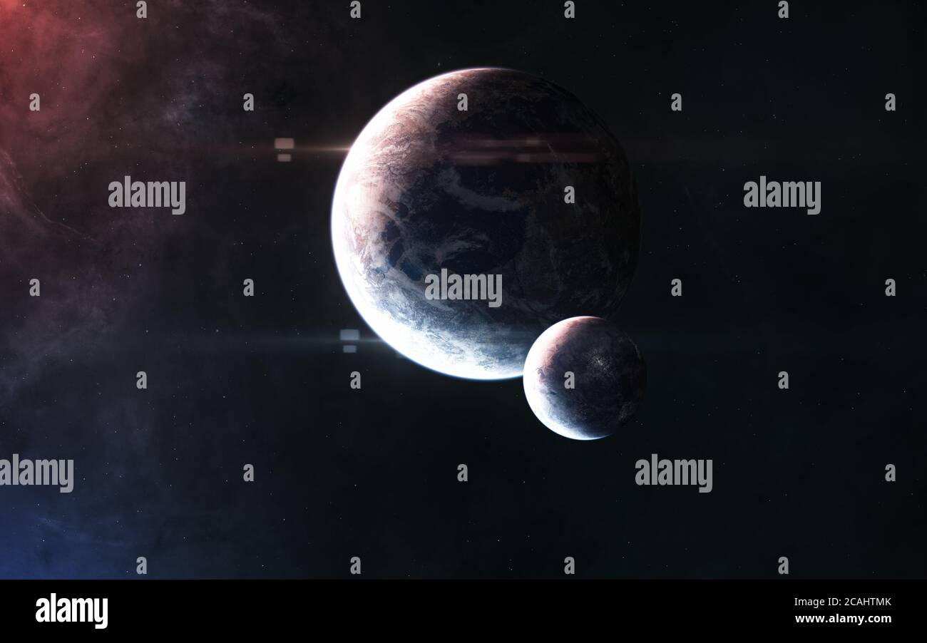 Pianeti spaziali profondi in luce blu e rossa Foto Stock