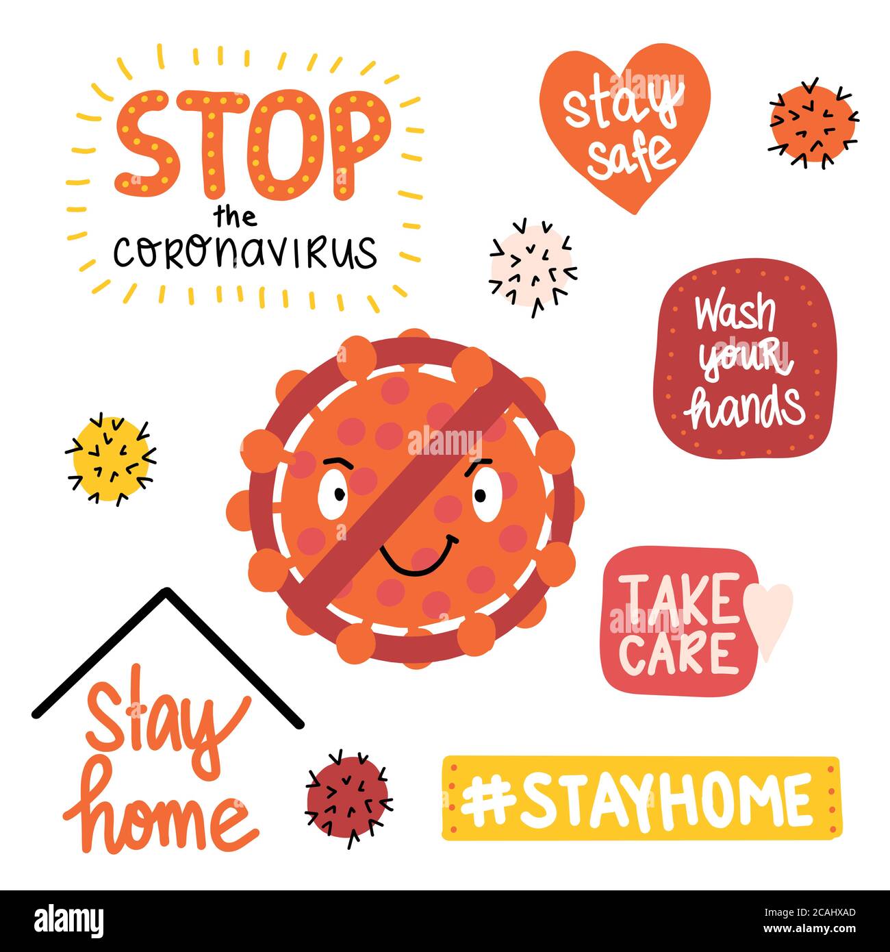 Lettere e icone del coronavirus. Rimani a casa, fermare il Coronavirus, stare al sicuro, lavare le mani e gli altri. Simpatico cartoon di illustrazione vettoriale disegnato a mano Illustrazione Vettoriale