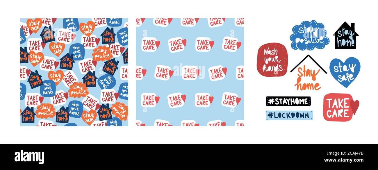 Coronavirus Covid-19 Set di due modelli di lettere e icone. Gli adesivi vettoriali senza cuciture rimangono a casa, lavano le mani, prendono cura e altri Illustrazione Vettoriale
