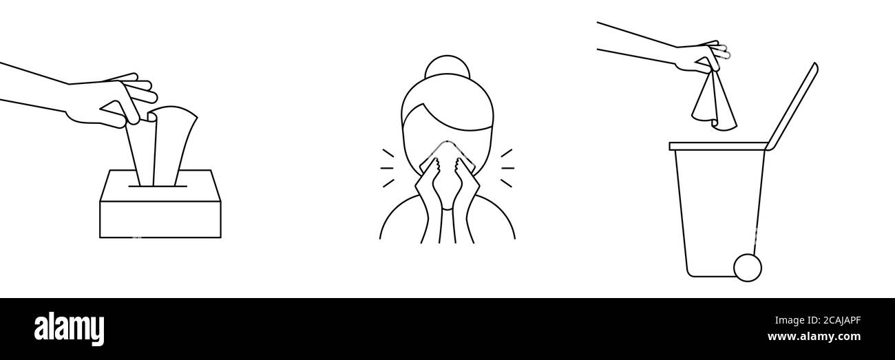 Donna con naso che cola getta via il tessuto facciale in una lattina di  cestino. Smaltire in modo sicuro i fazzoletti di carta usati. Prevenzione  del coronavirus. Igiene personale. Vettore Immagine e