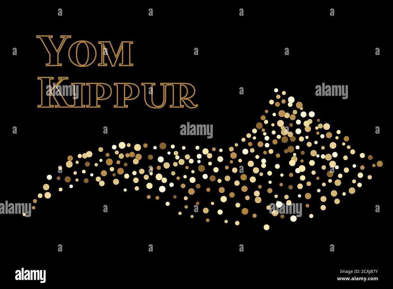 Shofar Yom Kippur biglietto d'auguri, illustrazione vettoriale. Confetti dorati scintillanti su sfondo nero. Corno di preghiera per le vacanze ebraiche. Puntini di polka casuali. Illustrazione Vettoriale