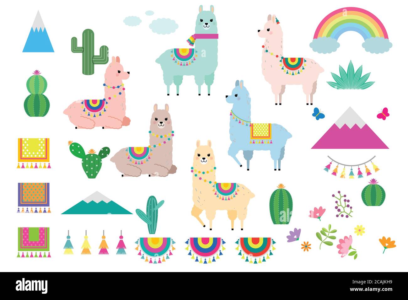 Cute llamas, alpaca e cactus illustrazioni per il disegno della stanza dei bambini, manifesto, saluto, scheda di compleanno, disegno dell'acquazzone del bambino e decorazione della festa Illustrazione Vettoriale