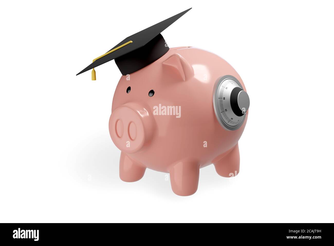 Banco di piggy con serratura di sicurezza e tappo graduato isolato su sfondo bianco. Concetto di protezione del risparmio. illustrazione 3d. Foto Stock