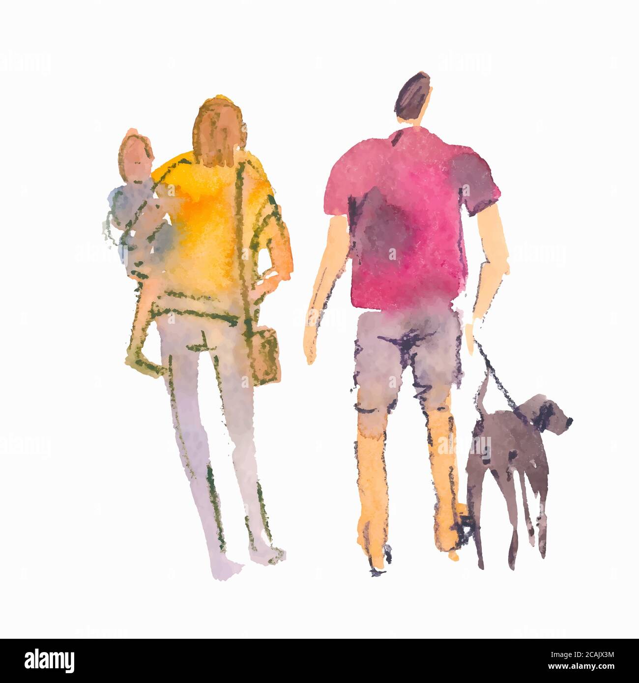 Illustrazione vettoriale: Persone stilizzate. Schizzi di acquerello. Un uomo con un cane al guinzaglio e una donna con un bambino tra le braccia. Illustrazione Vettoriale
