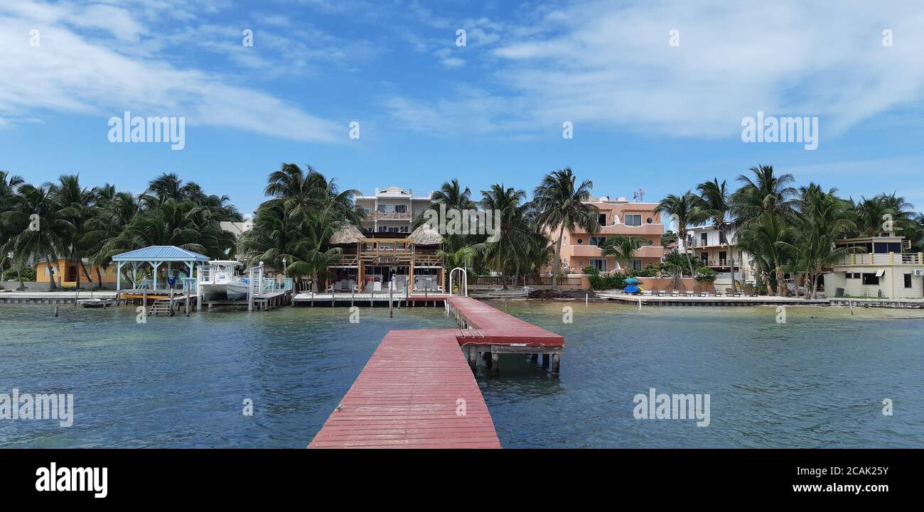 Case colorate e palme a Caye Caulker isola, Belize. Foto Stock