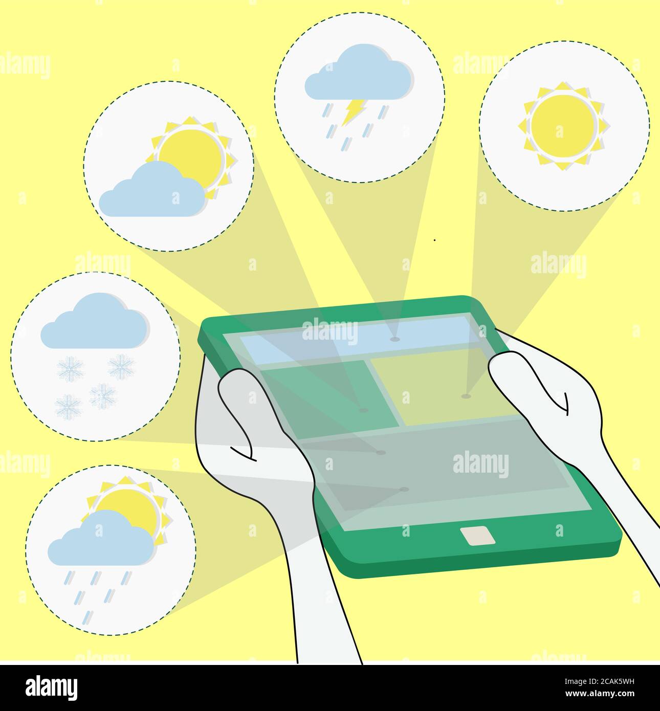 Meteorologia e previsioni del tempo attraverso il tablet - pioggia, sole, coperto, neve, tempesta. Navigazione sul tablet. Illustrazione Vettoriale