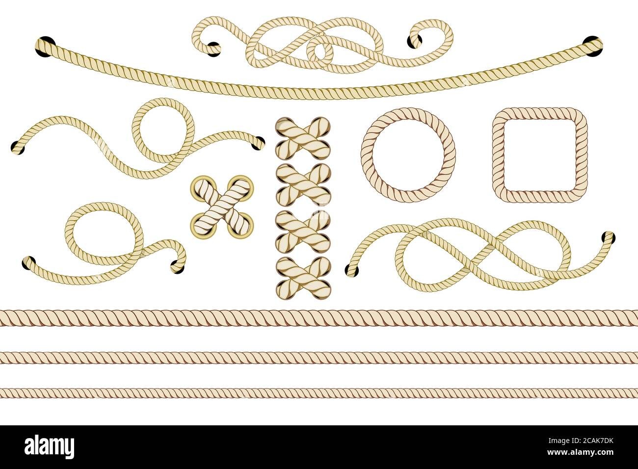 Set di funi nautiche. Corde intrecciate e incrociate isolate su bianco. Illustrazione vettoriale. Illustrazione Vettoriale