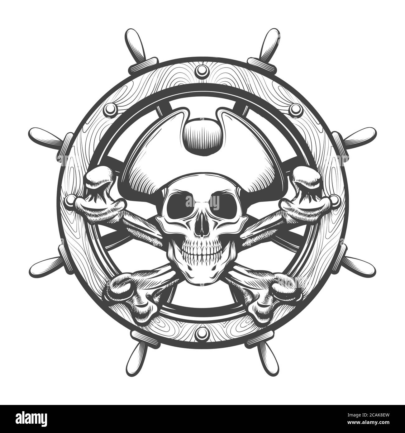 Cranio pirata con i denti incrociati e tatuaggio con la ruota della nave. Illustrazione vettoriale. Illustrazione Vettoriale