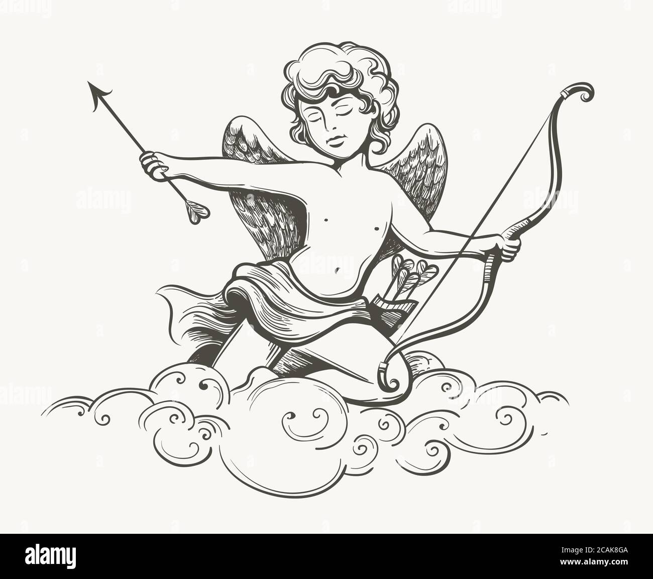 Cupido tiene la freccia di amore e di voto seduto su una nuvola. Tatuaggio disegnato in stile vintage. Illustrazione vettoriale. Illustrazione Vettoriale
